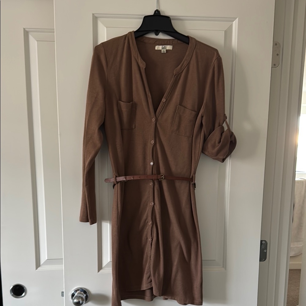 Brown Button-Up Dress with Belt